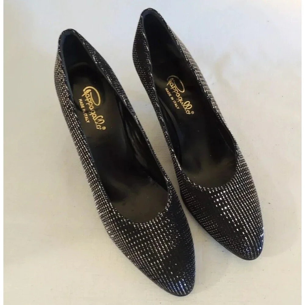 Pappagallo Pumps Women 10 N Black‎ Silver Metallic Italian Heels Evening Glam
